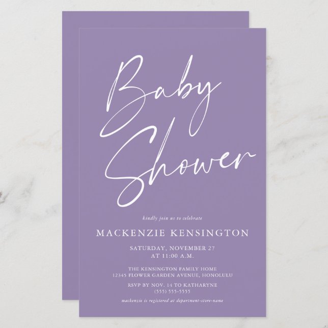 Budget Lavender Purple Simple Script Baby Shower (Front/Back)