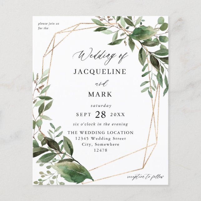 Budget Leaves & Eucalyptus Gold Wedding Flyer (Front)