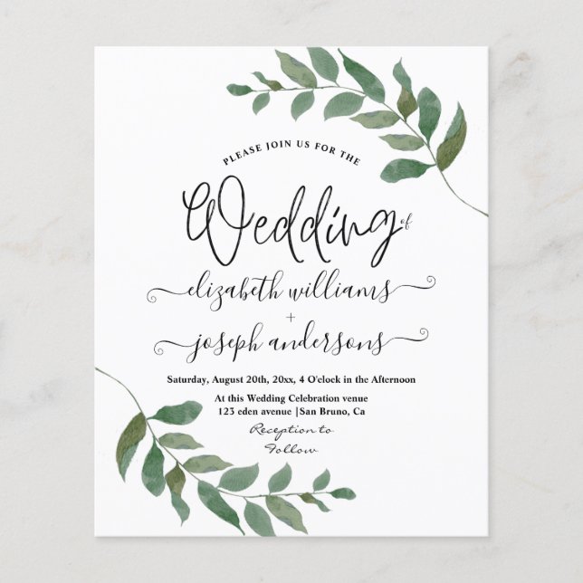 Budget Leaves eucalyptus Green Greenery wedding Flyer (Front)