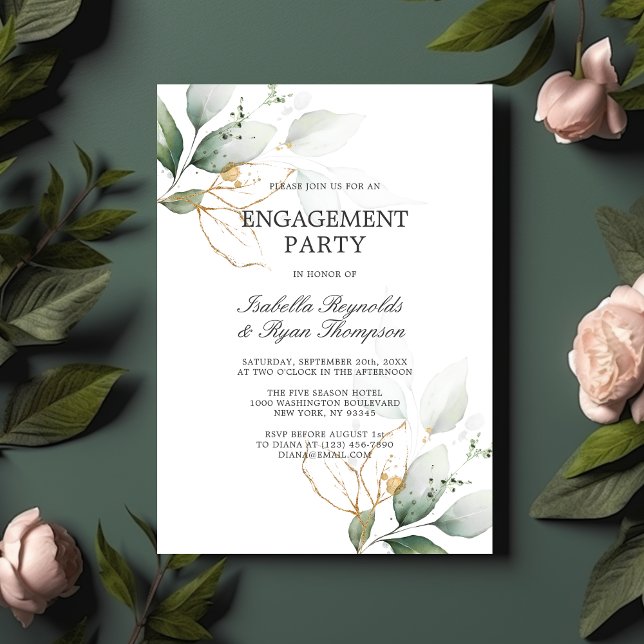 BUDGET Leaves Gold Watercolor ENGAGEMENT PARTY Invitation (BUDGET Leaves Gold Watercolor ENGAGEMENT PARTY Invitation)