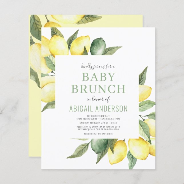 Budget Lemon Citrus Modern Baby Brunch Invitation (Front/Back)