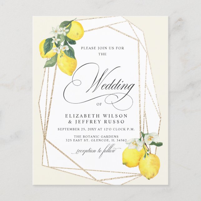Budget Lemon Citrus Summer Wedding Invitation (Front)