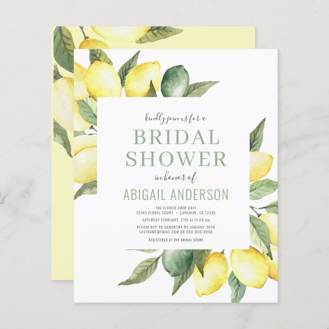 Budget Lemon Floral Bridal Shower Invitation (Front/Back)
