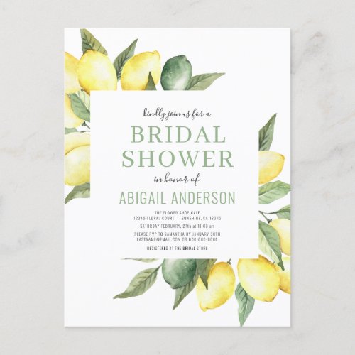 Budget Lemon Floral Bridal Shower Invitation Postcard