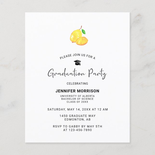 Budget Lemon Graduation Party Elegant Simple  (Front)