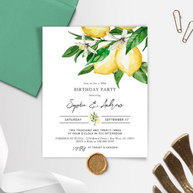 Budget Lemon Greenery Birthday Party Invitation (Creator Uploaded)