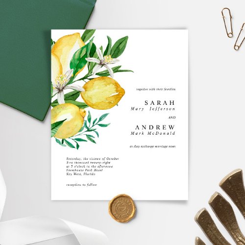 Budget Lemon Greenery Modern Wedding Invitation