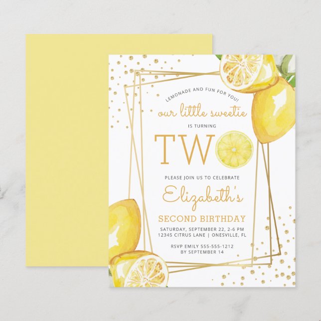 Budget Lemon Watercolor 2nd Birthday Party Invite (Front/Back)
