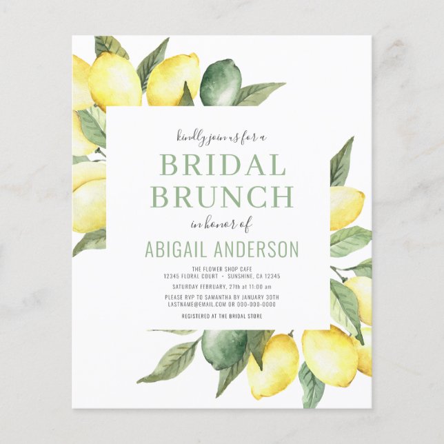 Budget Lemon Watercolor Bridal Brunch Invitation Flyer (Front)