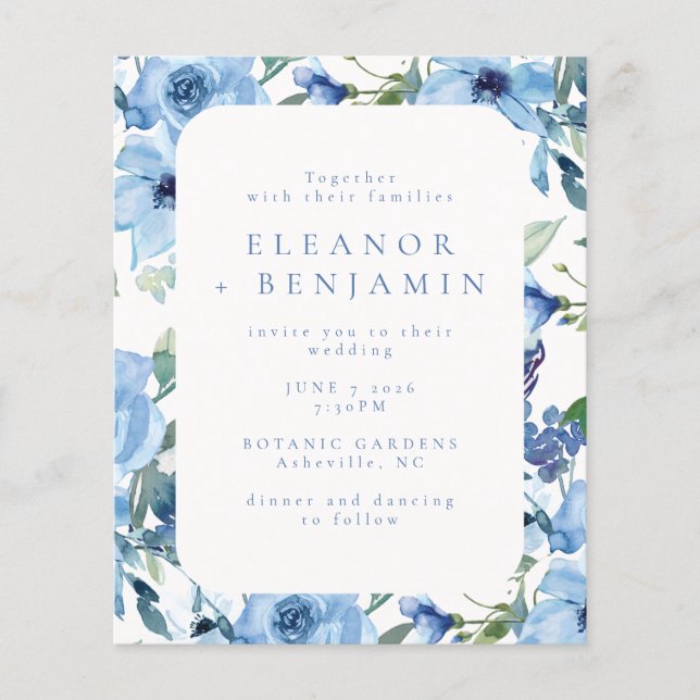 Budget Light Blue Watercolor Floral Wedding Invite (Front)