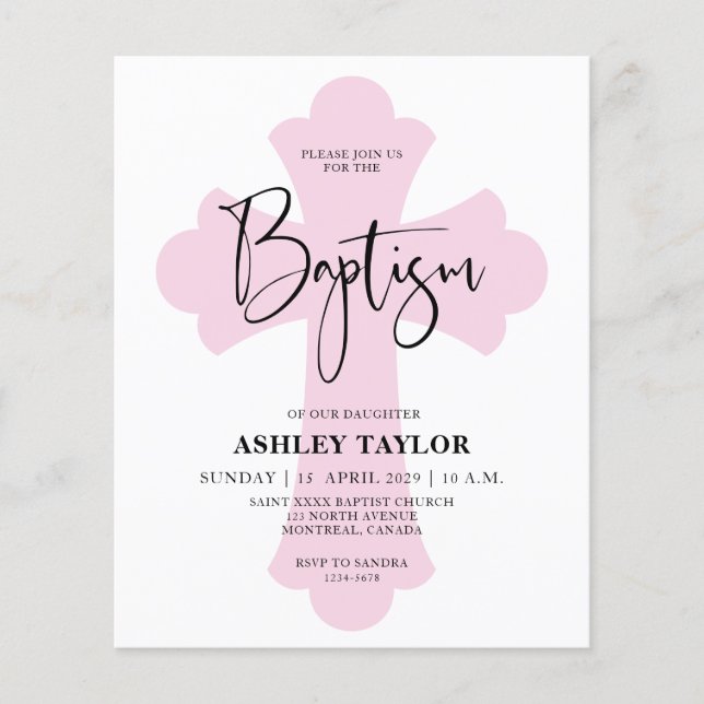 Budget Light Pink Cross Baptism invitation (Front)