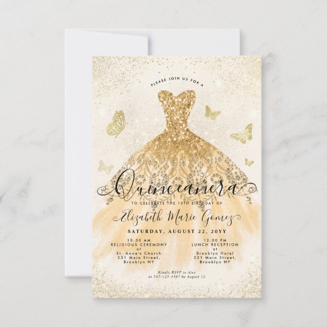 Budget Light Yellow Gold Glitter Gown Quinceanera Note Card (Front)