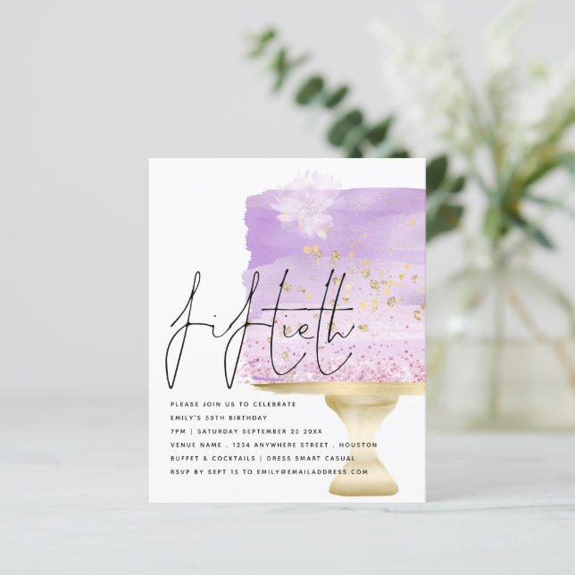 Budget Lilac Birthday Cake 50th Party Invite (Standing Front)