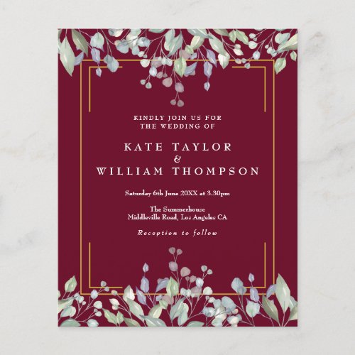 Budget Lilac Floral Burgundy Wedding Invitation