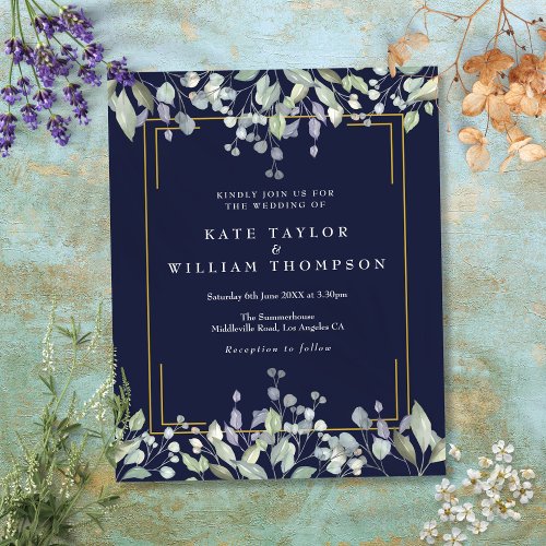 Budget Lilac Floral Navy Blue Wedding Invitation