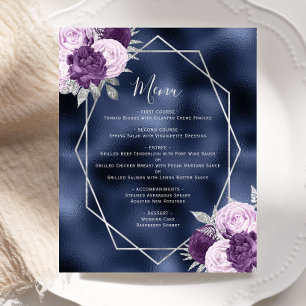 Budget Lilac Floral Silver Navy Wedding Menu