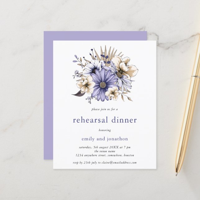 Budget Lilac Florals Rehearsal Dinner Invitation (Front/Back In Situ)