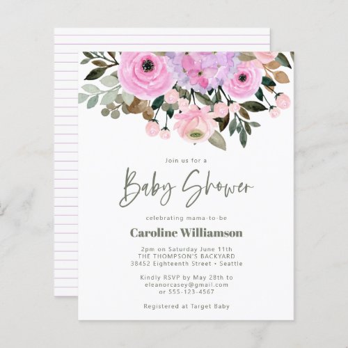 Budget Lilac Pink Floral Cute Baby Shower Invite