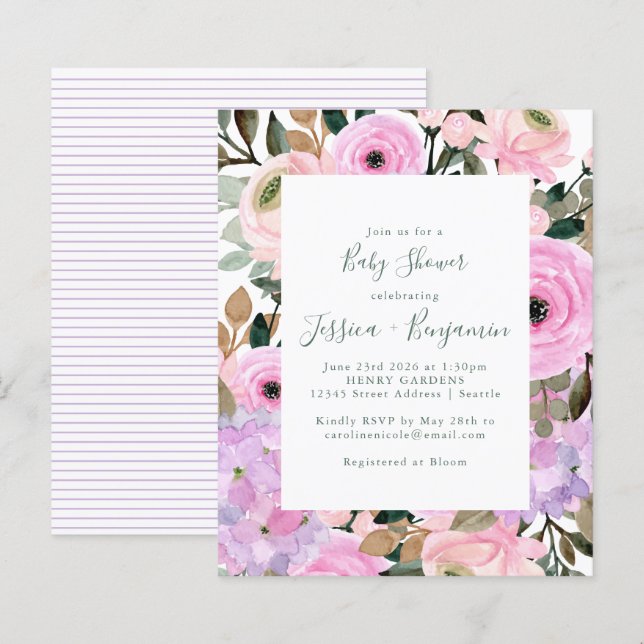 Budget Lilac Pink Floral Stripe Baby Shower   (Front/Back)