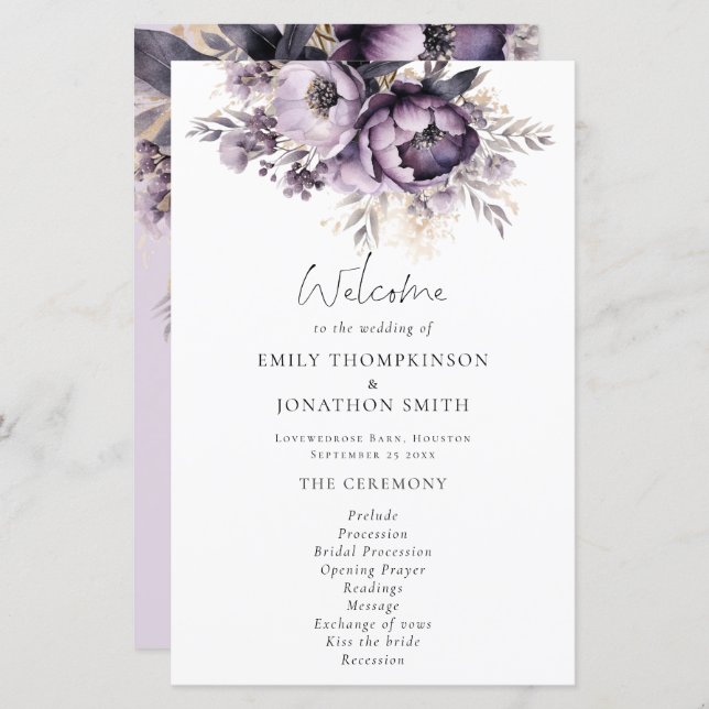 Budget Lilac Purple Florals Wedding Program (Front/Back)