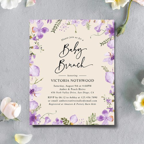 Budget Lilac Rustic Floral Baby Brunch Invitation