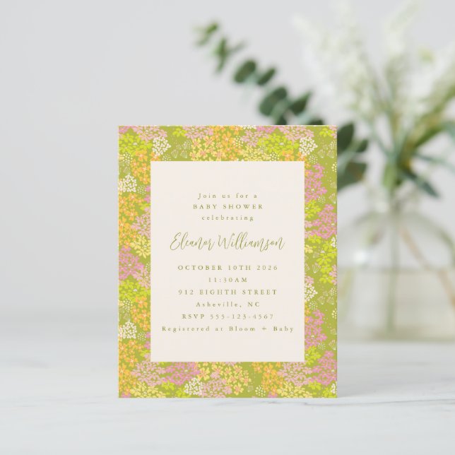 Budget Lime Green Floral Baby Shower Invitation (Standing Front)