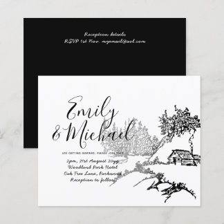 Budget Lineart Cabin in Woods Wedding Invite