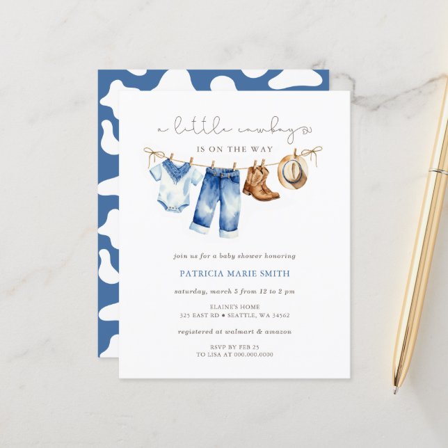Budget Little Cowboy Boy Baby Shower Invitation (Front/Back In Situ)