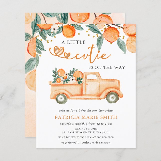 Budget Little Cutie Orange Baby Shower Invitation (Front/Back)