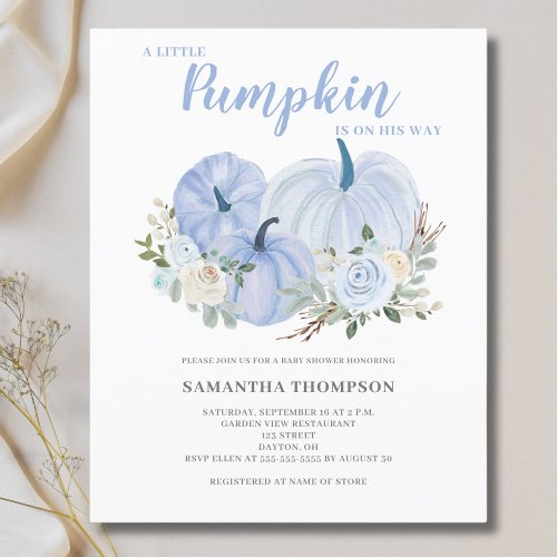 Budget Little Pumpkin Blue Baby Shower Invitation