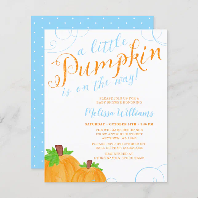 Budget Little Pumpkin Fall Blue Boy Baby Shower | Zazzle