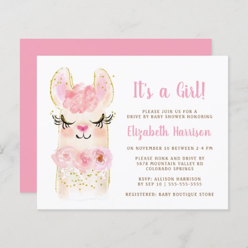 Budget Llama Baby Girl Drive By Shower Invitation