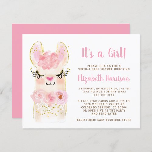 Budget Llama Baby Girl Virtual Shower Invitation