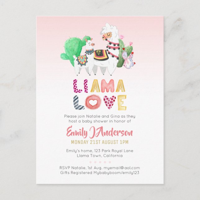 BUDGET Llama Mama Baby Love Pink Girls Shower Postcard (Front)
