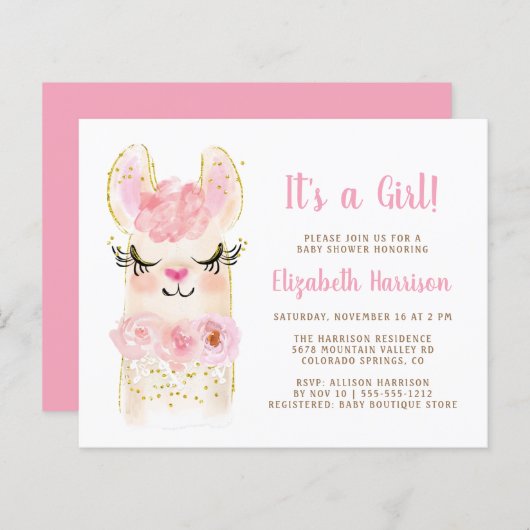 Budget Llama Pink Baby Girl Shower Invitation (Front/Back)