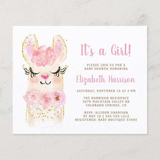 Budget Llama Pink Baby Girl Shower Invitation (Front)