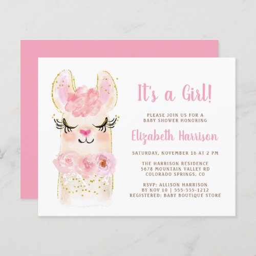 Budget Llama Pink Baby Girl Shower Invitation