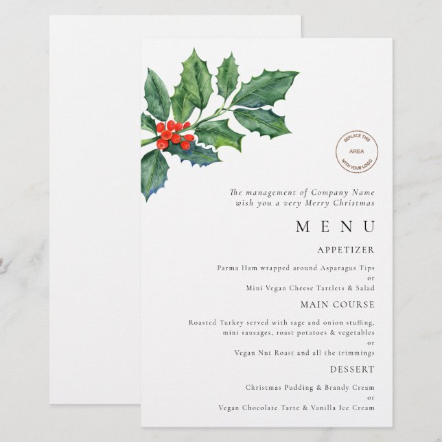 Budget Logo Holly Berries Christmas Party Menu (Front/Back)
