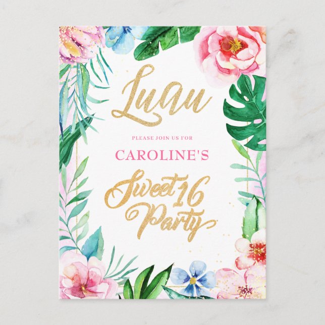 Budget Luau Tropical Floral Hawaiian Sweet 16 Invitation Postcard (Front)