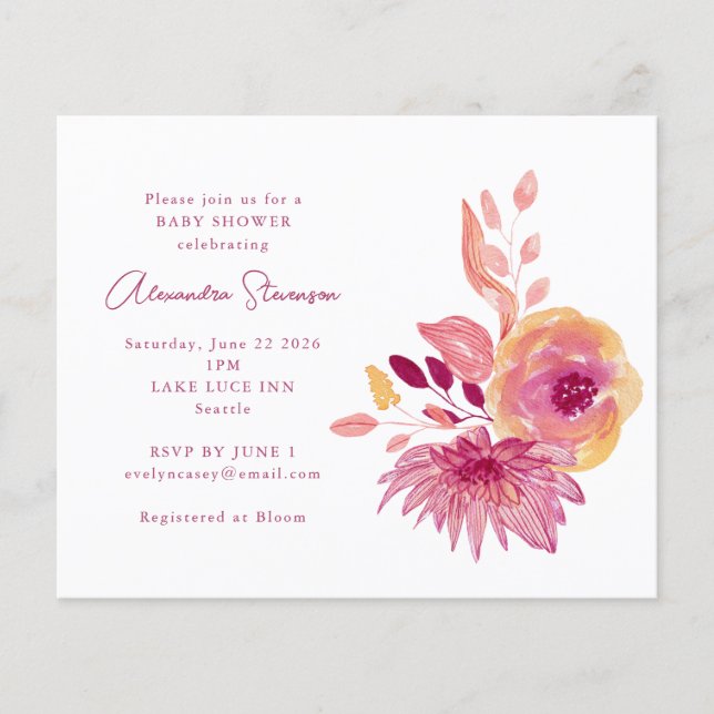 Budget Magenta Floral Baby Shower Invitation (Front)