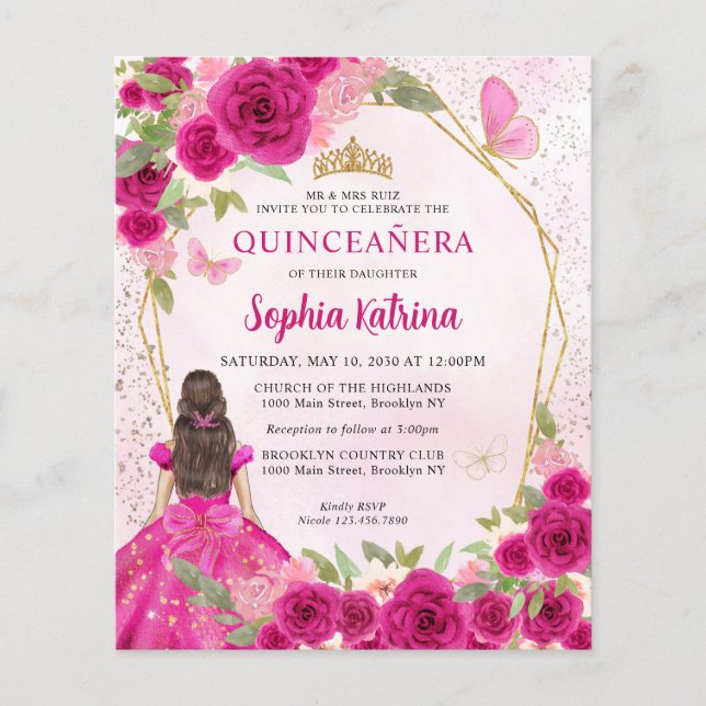 Budget Magenta Gold Floral Princess Quinceañera (Front)