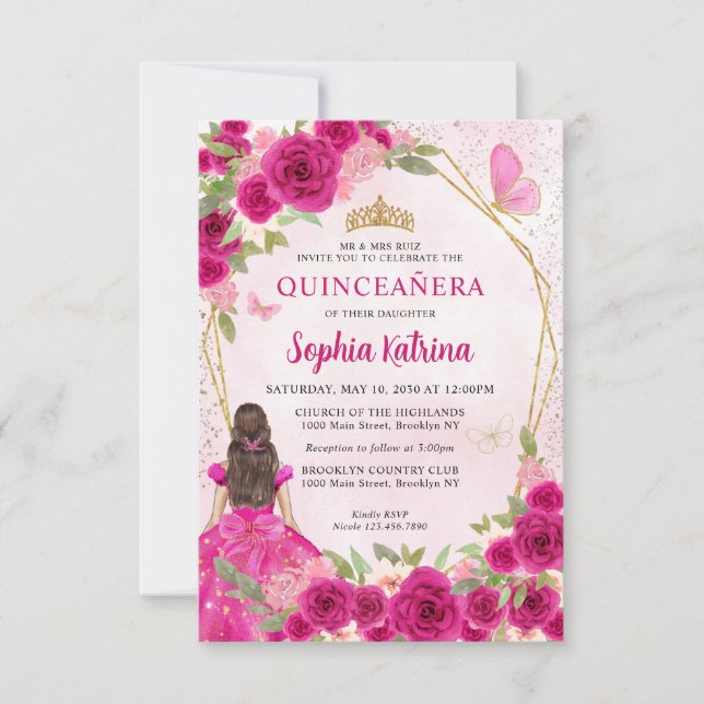 Budget Magenta Gold Floral Princess Quinceañera Note Card (Front)