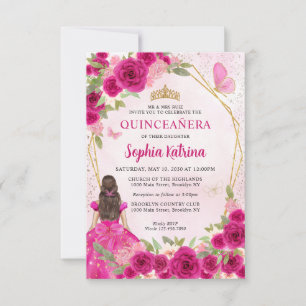 Budget Magenta Gold Floral Princess Quinceañera Note Card