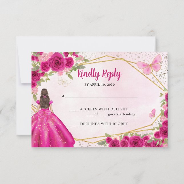 Budget Magenta Hot Pink Gold Floral Princess RSVP Note Card (Front)