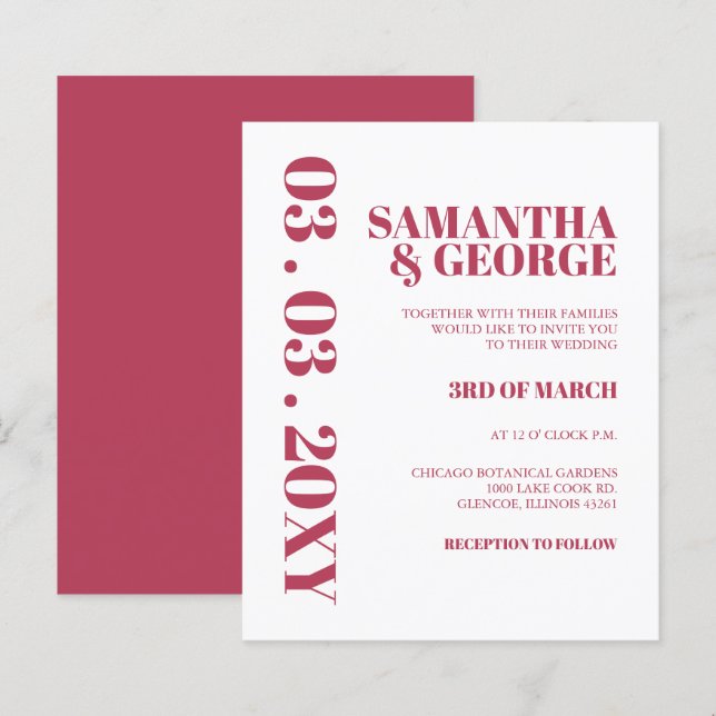 Budget Magenta Modern Retro Wedding Invitation (Front/Back)