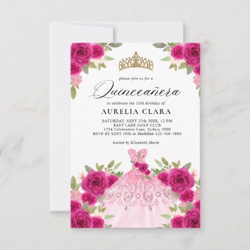 BUDGET Magenta Pink Dress Floral 15th Quinceaera Note Card