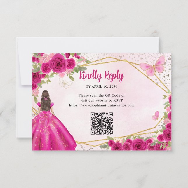 Budget Magenta Pink Gold Floral Princess QR RSVP Note Card (Front)
