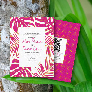 BUDGET magenta tropical leaves wedding invitation