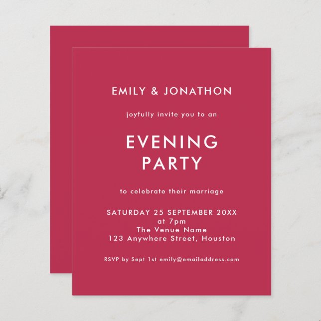 Budget Magenta Wedding Evening Party Invite (Front/Back)