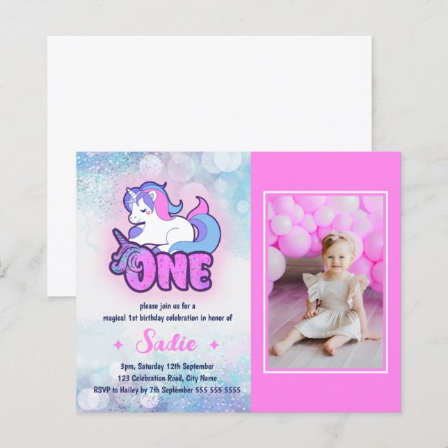 Budget Magical Unicorn 1st Birthday Photo Invite (Front/Back)